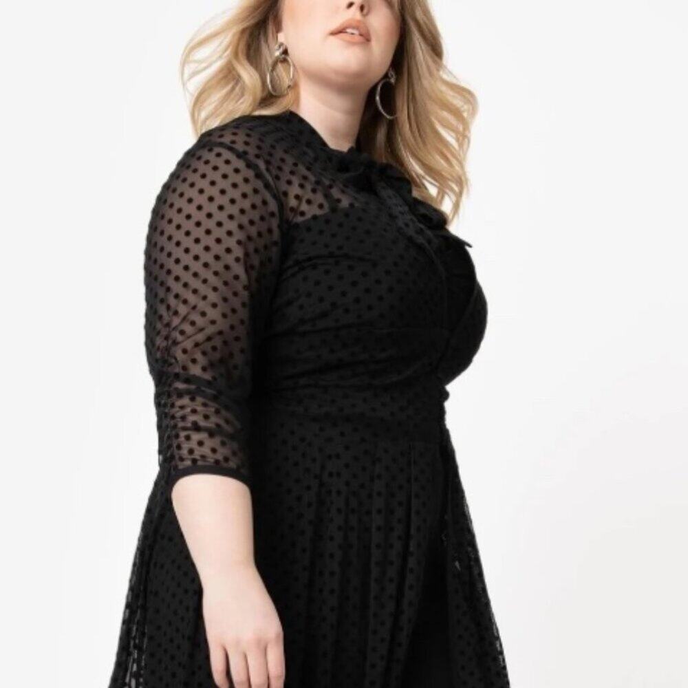 Sheer Dotted Longline Black Jacket Coat with Bow Neck - Picture 6 of 8